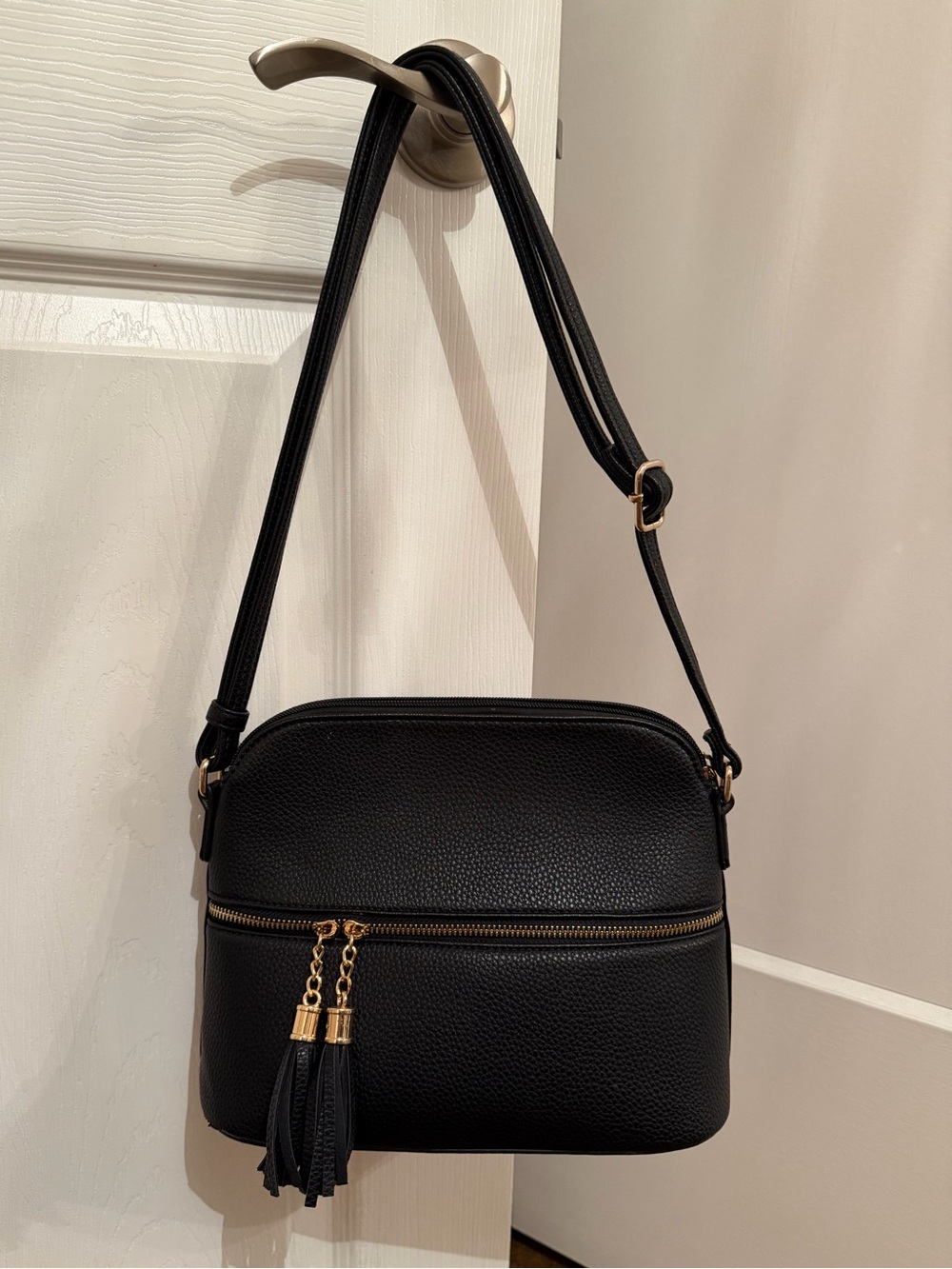 Multi Compartment Zip Tassel Crossbody Vegan Leather Handbag